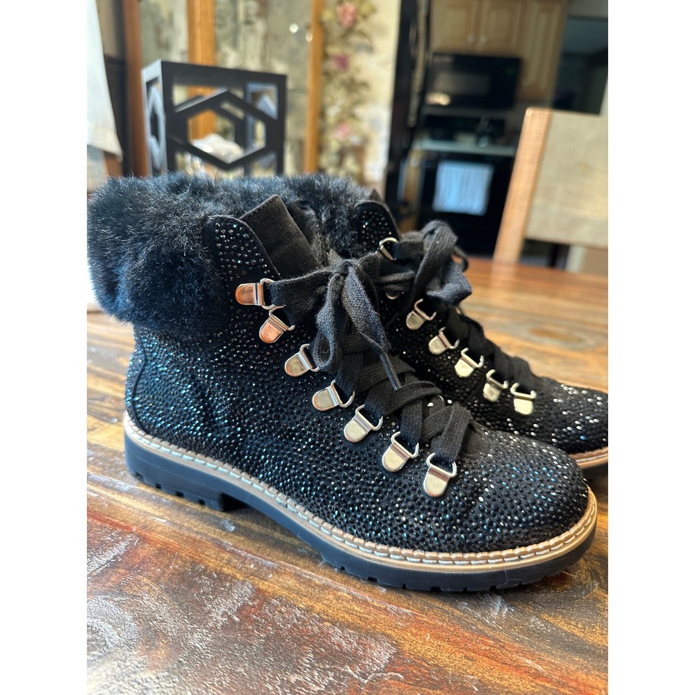 INC International Concepts Pravale 3 Black Rhinestone Faux Fur Hiker Boots 5.5M